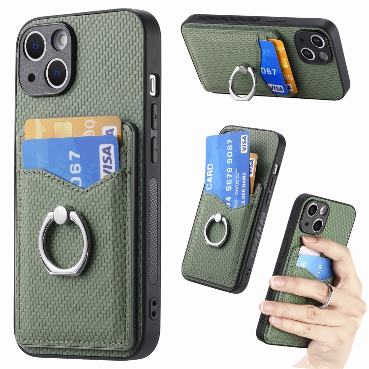 

For iPhone 15 Plus Carbon Fiber Card Wallet Ring Holder Phone Case(Green)