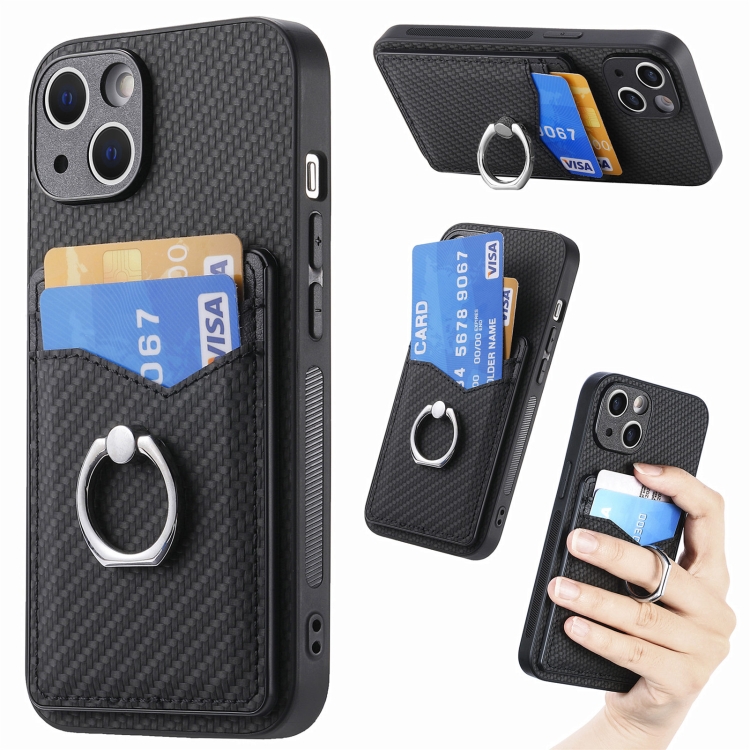 

For iPhone 15 Plus Carbon Fiber Card Wallet Ring Holder Phone Case(Black)