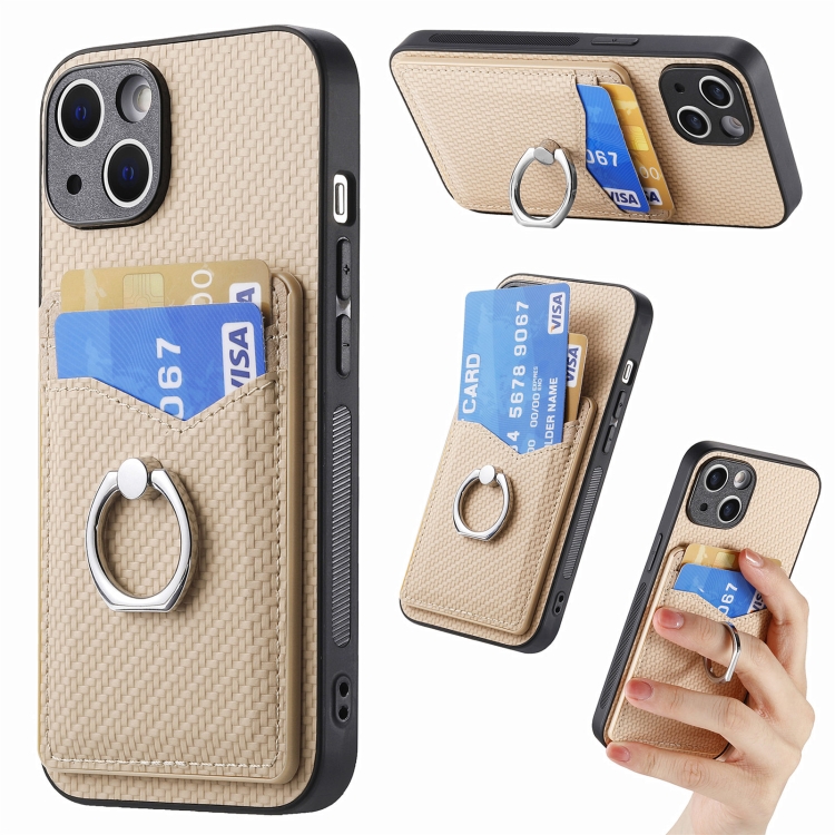 

For iPhone 15 Plus Carbon Fiber Card Wallet Ring Holder Phone Case(Khaki)