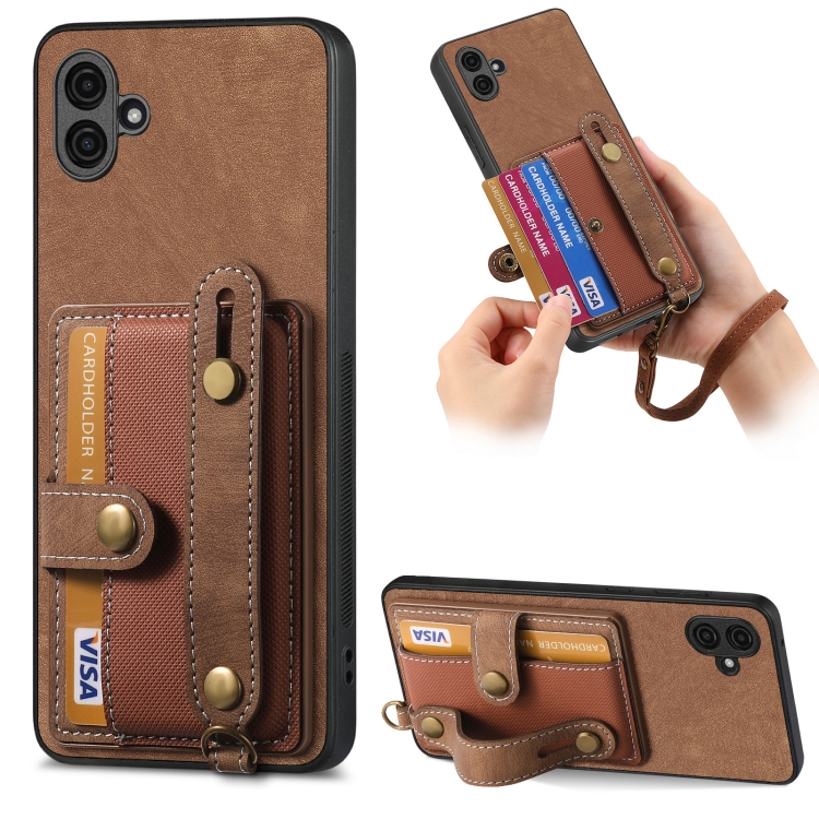 

For Samsung Galaxy A04e Retro Cross Wristband Wallet Leather Back Phone Case(Brown)