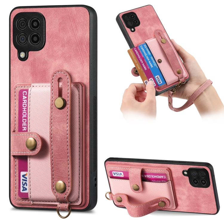 

For Samsung Galaxy A42 5G Retro Cross Wristband Wallet Leather Back Phone Case(Pink)