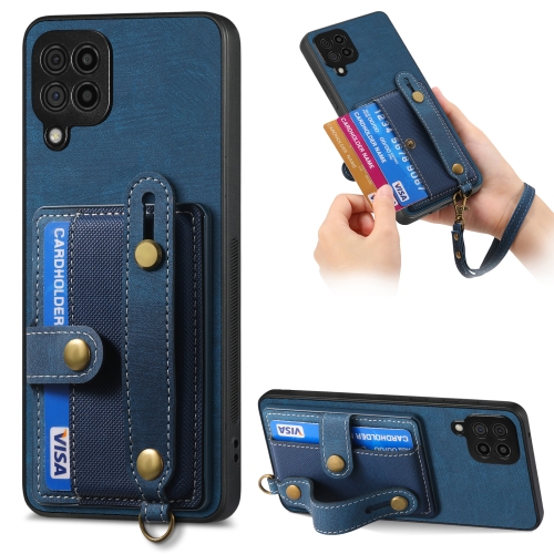 

For Samsung Galaxy A42 5G Retro Cross Wristband Wallet Leather Back Phone Case(Blue)