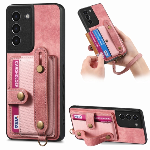 

For Samsung Galaxy S21 5G Retro Cross Wristband Wallet Leather Back Phone Case(Pink)