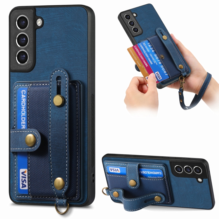 

For Samsung Galaxy S21 FE 5G Retro Cross Wristband Wallet Leather Back Phone Case(Blue)