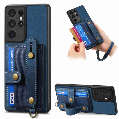 

For Samsung Galaxy S21 Ultra 5G Retro Cross Wristband Wallet Leather Back Phone Case(Blue)