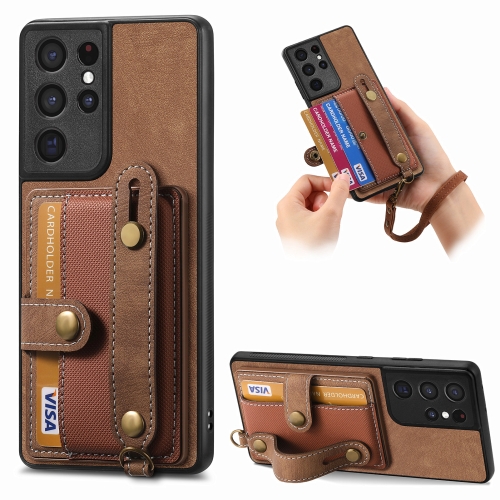 

For Samsung Galaxy S21 Ultra 5G Retro Cross Wristband Wallet Leather Back Phone Case(Brown)