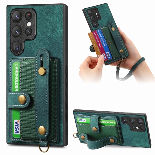

For Samsung Galaxy S22 Ultra 5G Retro Cross Wristband Wallet Leather Back Phone Case(Green)