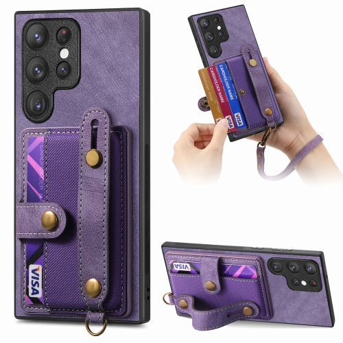 

For Samsung Galaxy S23 Ultra 5G Retro Cross Wristband Wallet Leather Back Phone Case(Purple)