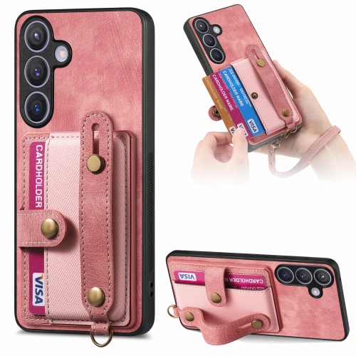 

For Samsung Galaxy S24 5G Retro Cross Wristband Wallet Leather Back Phone Case(Pink)