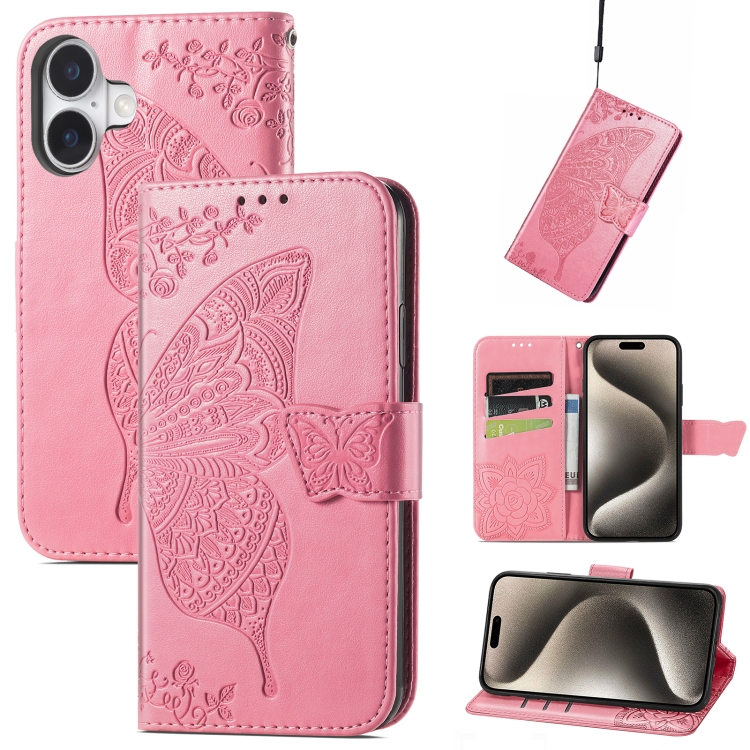 

For iPhone 16 Butterfly Love Flower Embossed Leather Phone Case(Pink)