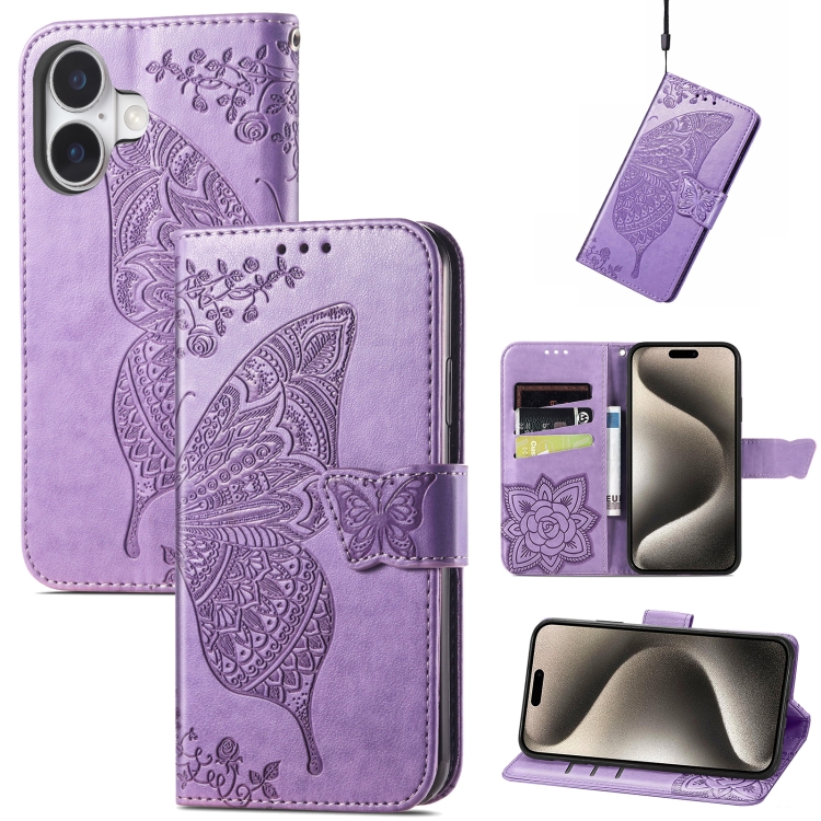 

For iPhone 16 Butterfly Love Flower Embossed Leather Phone Case(Lavender)
