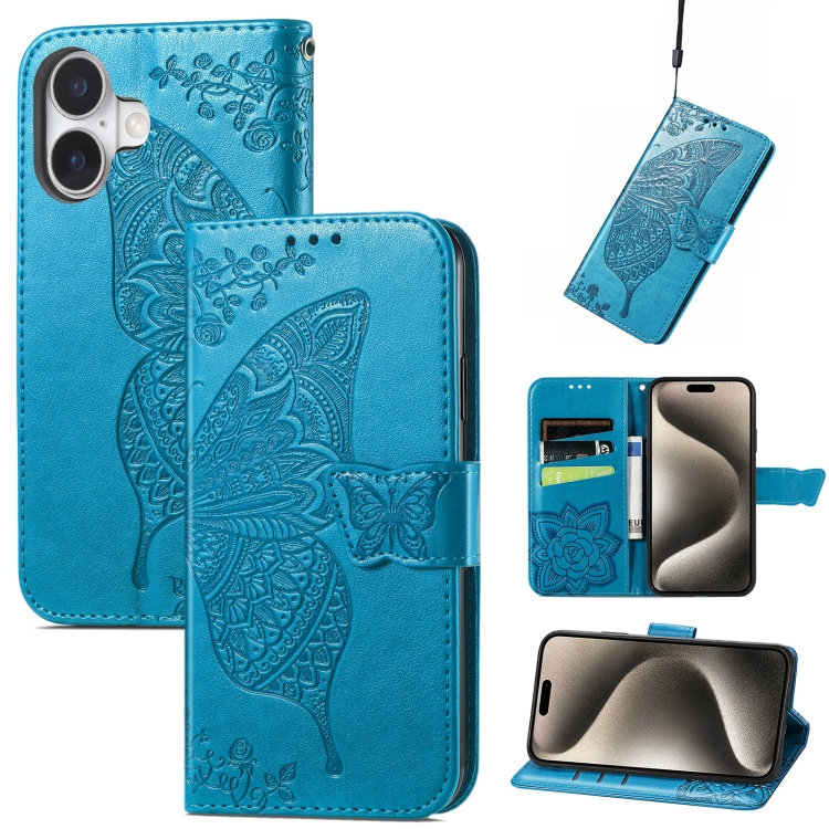 

For iPhone 16 Butterfly Love Flower Embossed Leather Phone Case(Blue)