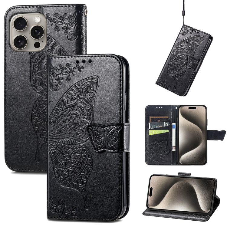 

For iPhone 16 Pro Butterfly Love Flower Embossed Leather Phone Case(Black)