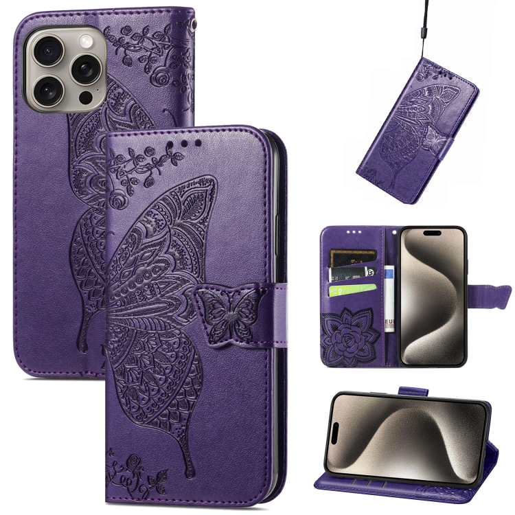 

For iPhone 16 Pro Butterfly Love Flower Embossed Leather Phone Case(Purple)