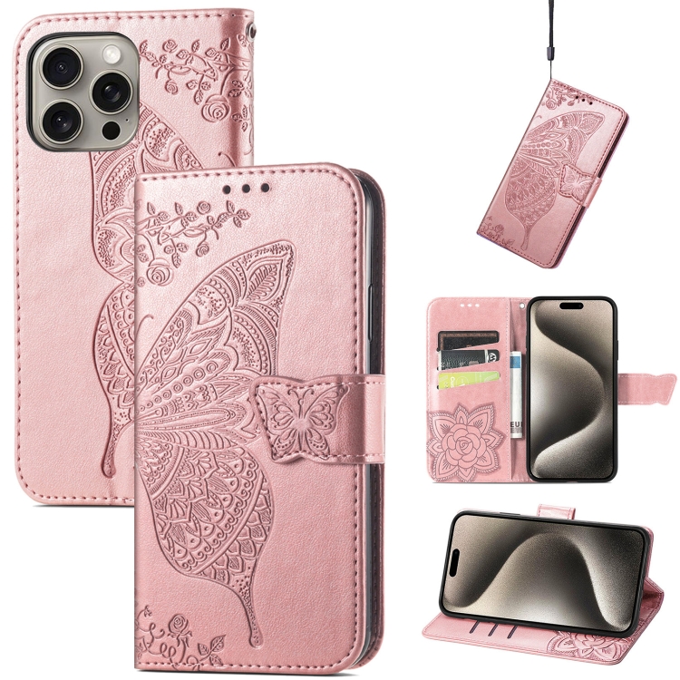 

For iPhone 16 Pro Butterfly Love Flower Embossed Leather Phone Case(Rose Gold)