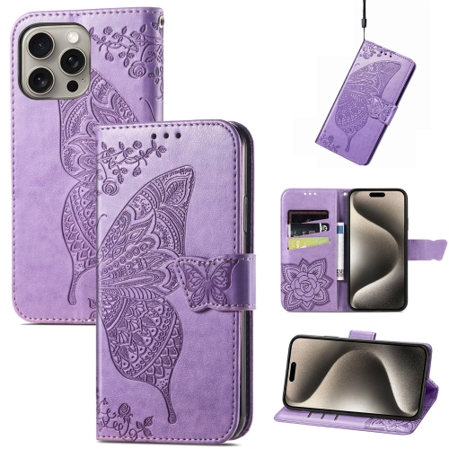 

For iPhone 16 Pro Butterfly Love Flower Embossed Leather Phone Case(Lavender)