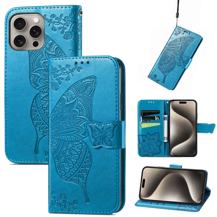 

For iPhone 16 Pro Butterfly Love Flower Embossed Leather Phone Case(Blue)