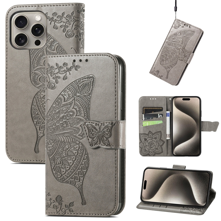 

For iPhone 16 Pro Butterfly Love Flower Embossed Leather Phone Case(Gray)
