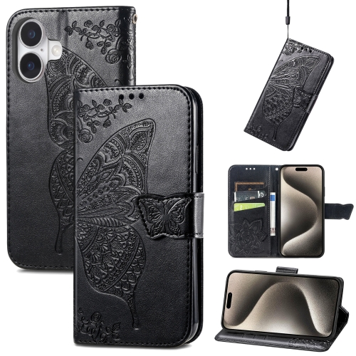 

For iPhone 16 Plus Butterfly Love Flower Embossed Leather Phone Case(Black)
