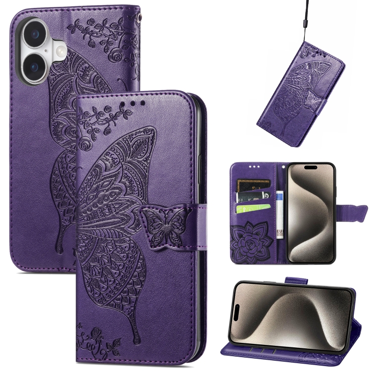 

For iPhone 16 Plus Butterfly Love Flower Embossed Leather Phone Case(Purple)