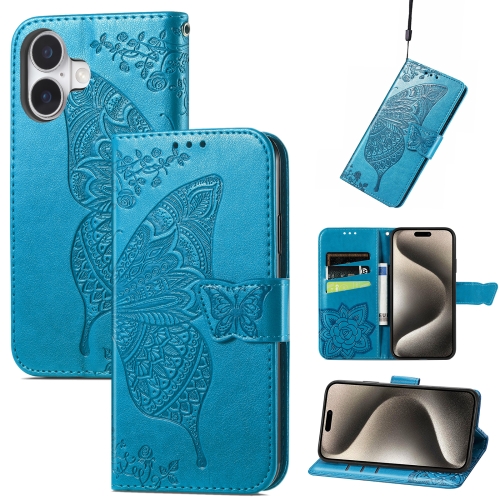 

For iPhone 16 Plus Butterfly Love Flower Embossed Leather Phone Case(Blue)