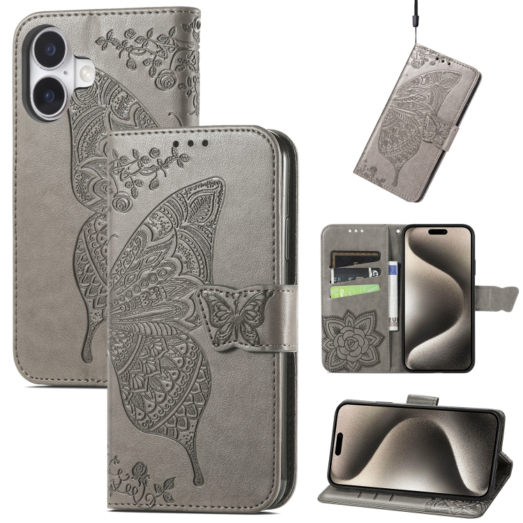 

For iPhone 16 Plus Butterfly Love Flower Embossed Leather Phone Case(Gray)