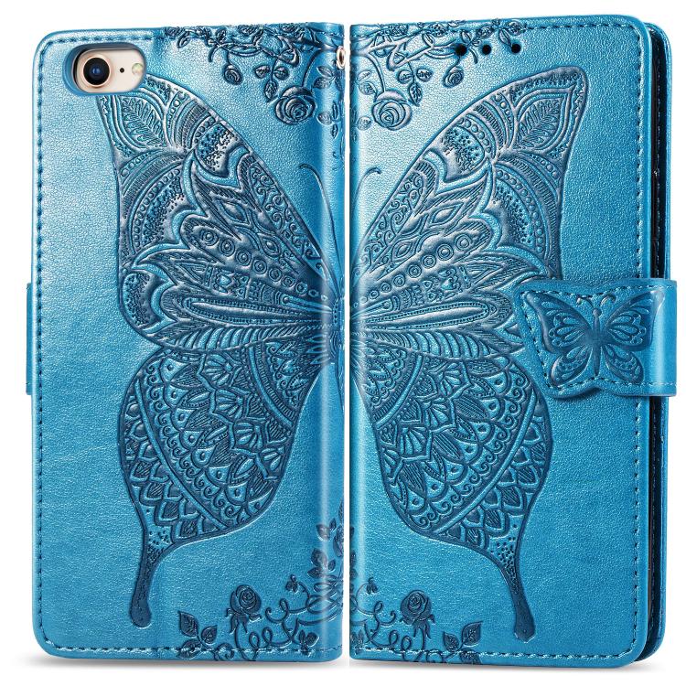 

For iPhone 16e Butterfly Love Flower Embossed Leather Phone Case(Blue)