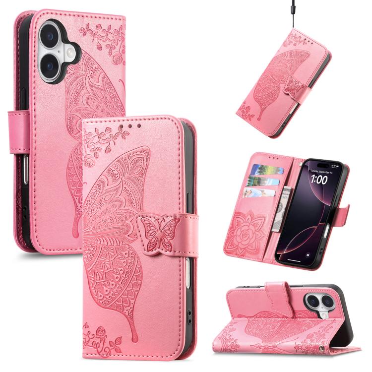 

For iPhone 17 Butterfly Love Flower Embossed Leather Phone Case(Pink)