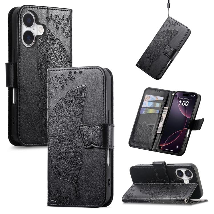 

For iPhone 17 Butterfly Love Flower Embossed Leather Phone Case(Black)