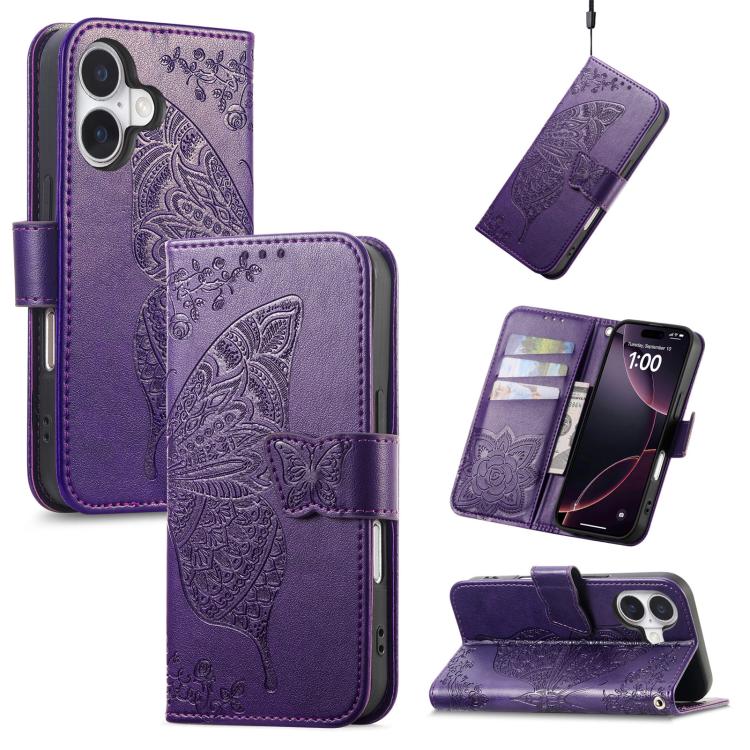 

For iPhone 17 Butterfly Love Flower Embossed Leather Phone Case(Purple)