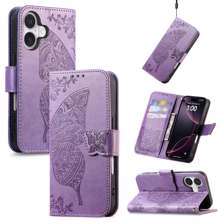 

For iPhone 17 Butterfly Love Flower Embossed Leather Phone Case(Lavender)