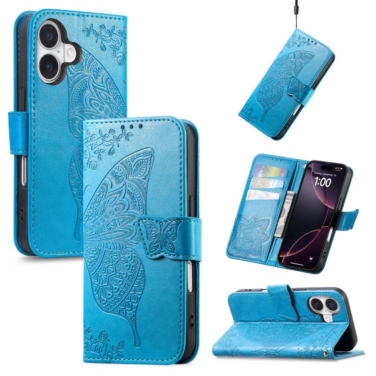 

For iPhone 17 Butterfly Love Flower Embossed Leather Phone Case(Blue)