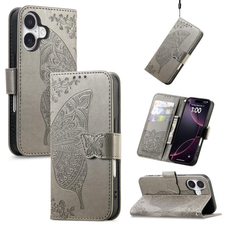 

For iPhone 17 Butterfly Love Flower Embossed Leather Phone Case(Gray)