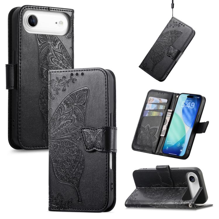 

For iPhone Air Butterfly Love Flower Embossed Leather Phone Case(Black)