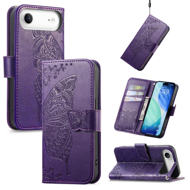 

For iPhone Air Butterfly Love Flower Embossed Leather Phone Case(Purple)