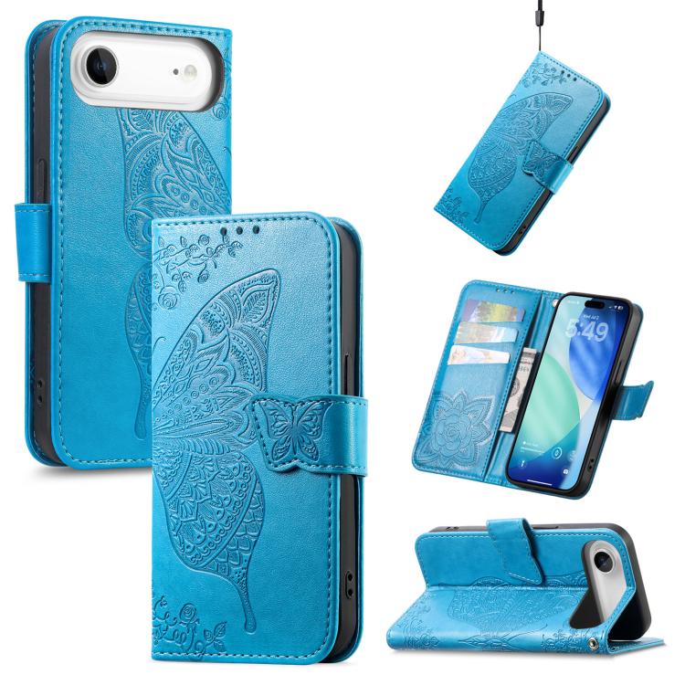 

For iPhone Air Butterfly Love Flower Embossed Leather Phone Case(Blue)