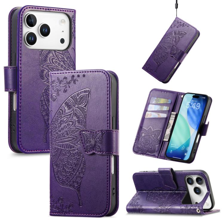 

For iPhone 17 Pro Butterfly Love Flower Embossed Leather Phone Case(Purple)