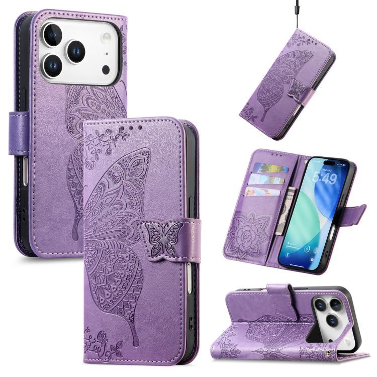 

For iPhone 17 Pro Butterfly Love Flower Embossed Leather Phone Case(Lavender)