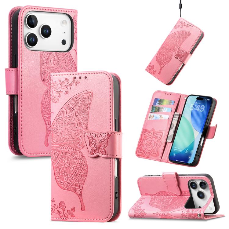 

For IPhone 17 Pro Max Butterfly Love Flower Embossed Leather Phone Case(Pink)