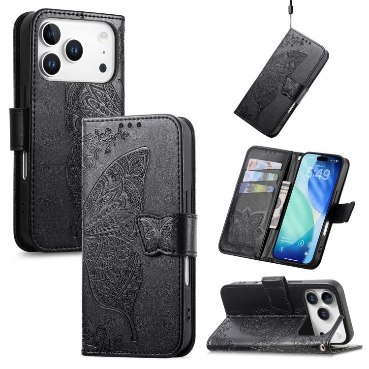 

For IPhone 17 Pro Max Butterfly Love Flower Embossed Leather Phone Case(Black)