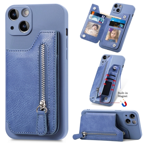 

For iPhone 15 Plus Zipper Wallet Leather Back Shockproof Phone Case(Blue)