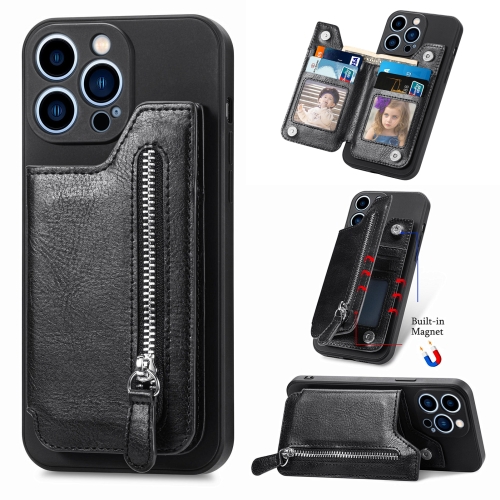 

For iPhone 15 Pro Zipper Wallet Leather Back Shockproof Phone Case(Black)