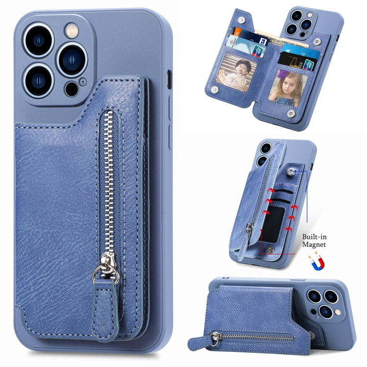 

For iPhone 15 Pro Max Zipper Wallet Leather Back Shockproof Phone Case(Purple)