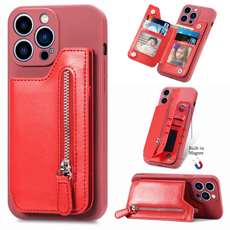 

For iPhone 15 Pro Max Zipper Wallet Leather Back Shockproof Phone Case(Red)