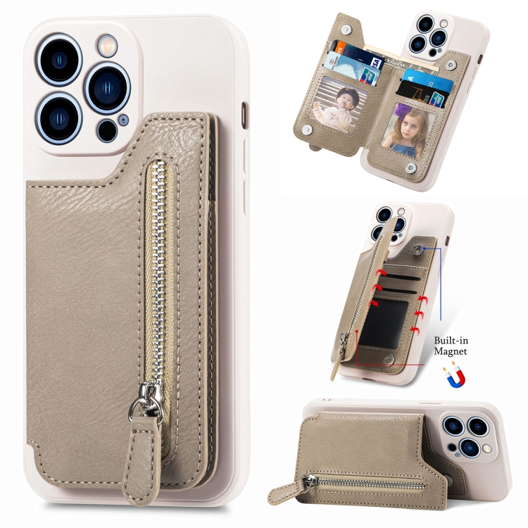 

For iPhone 15 Pro Max Zipper Wallet Leather Back Shockproof Phone Case(Khaki)
