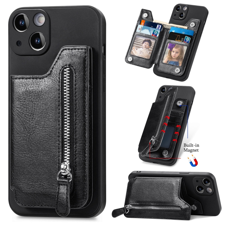 

For iPhone 14 Zipper Wallet Leather Back Shockproof Phone Case(Black)