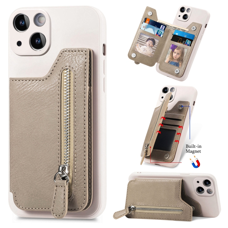 

For iPhone 14 Pro Zipper Wallet Leather Back Shockproof Phone Case(Khaki)