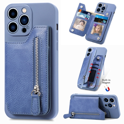 

For iPhone 14 Pro Max Zipper Wallet Leather Back Shockproof Phone Case(Blue)