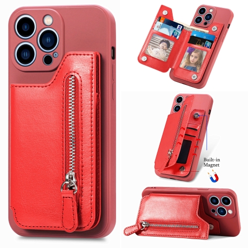 

For iPhone 14 Plus Zipper Wallet Leather Back Shockproof Phone Case(Red)