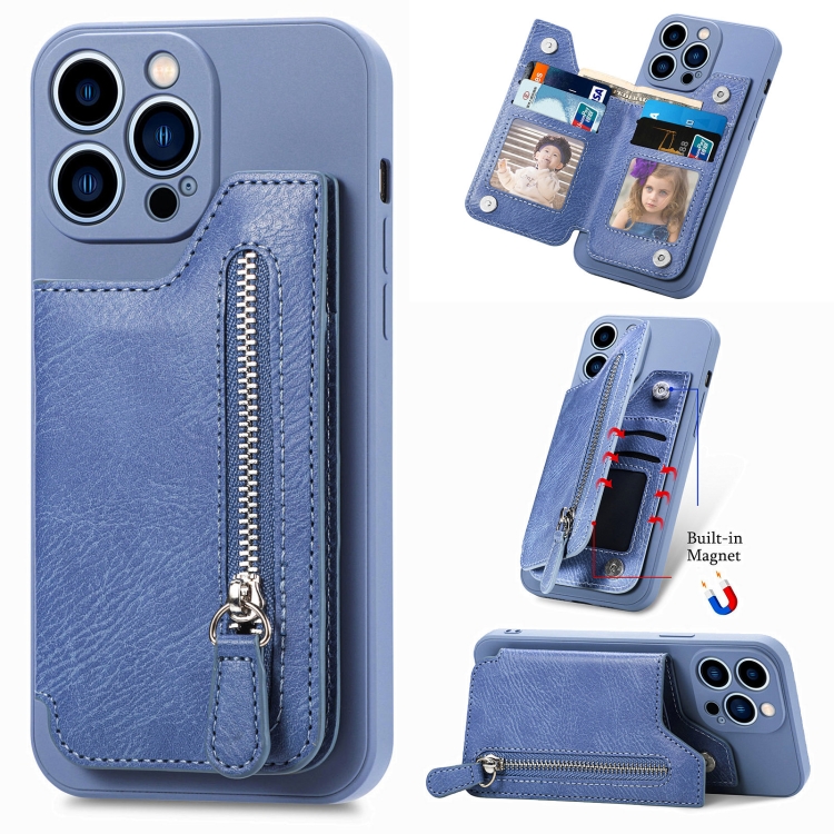 

For iPhone 14 Plus Zipper Wallet Leather Back Shockproof Phone Case(Blue)